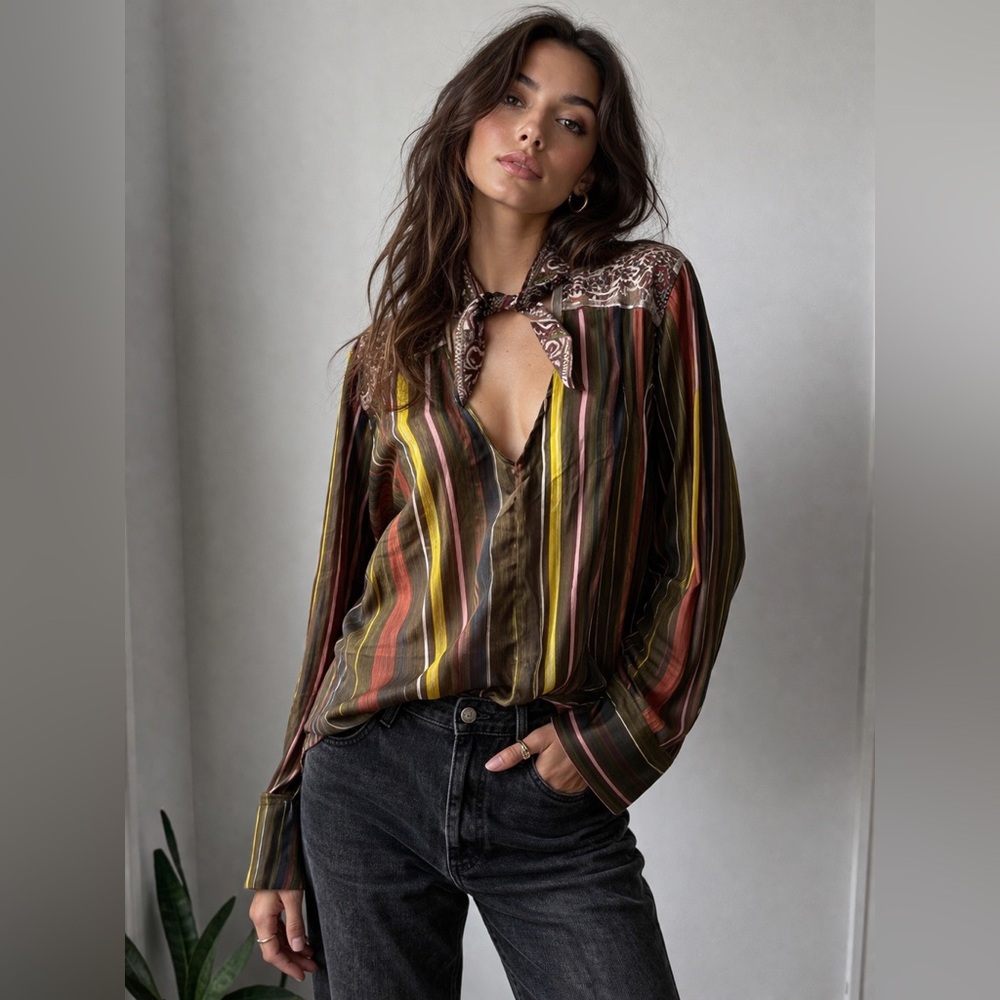 Aratta Silent Journey Blouse Boho Stripe Button Front Top Sheer Front Tie